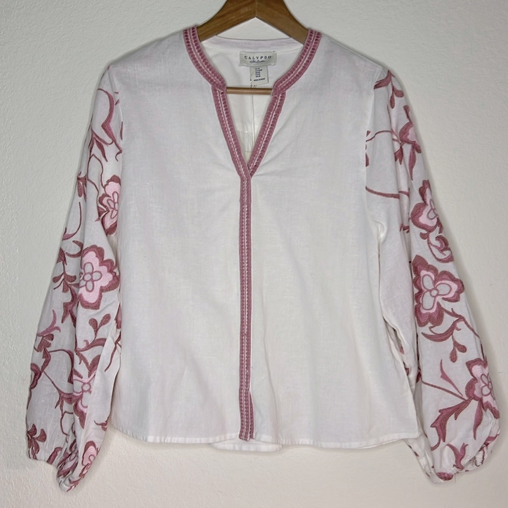NEW Calypso St. Barth Embroidered Floral Cotton Flax Top - Medium